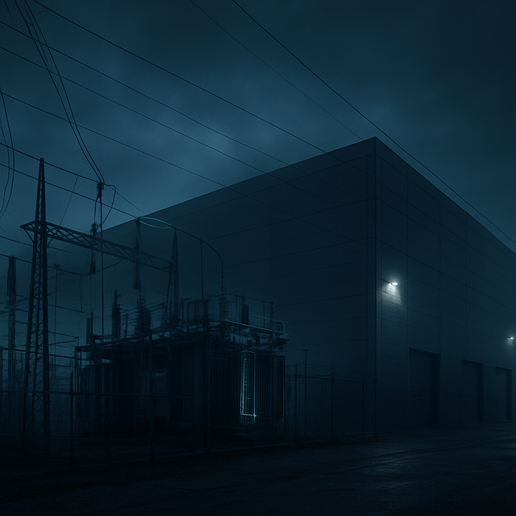 Powered shell facility with electrical substation at dusk