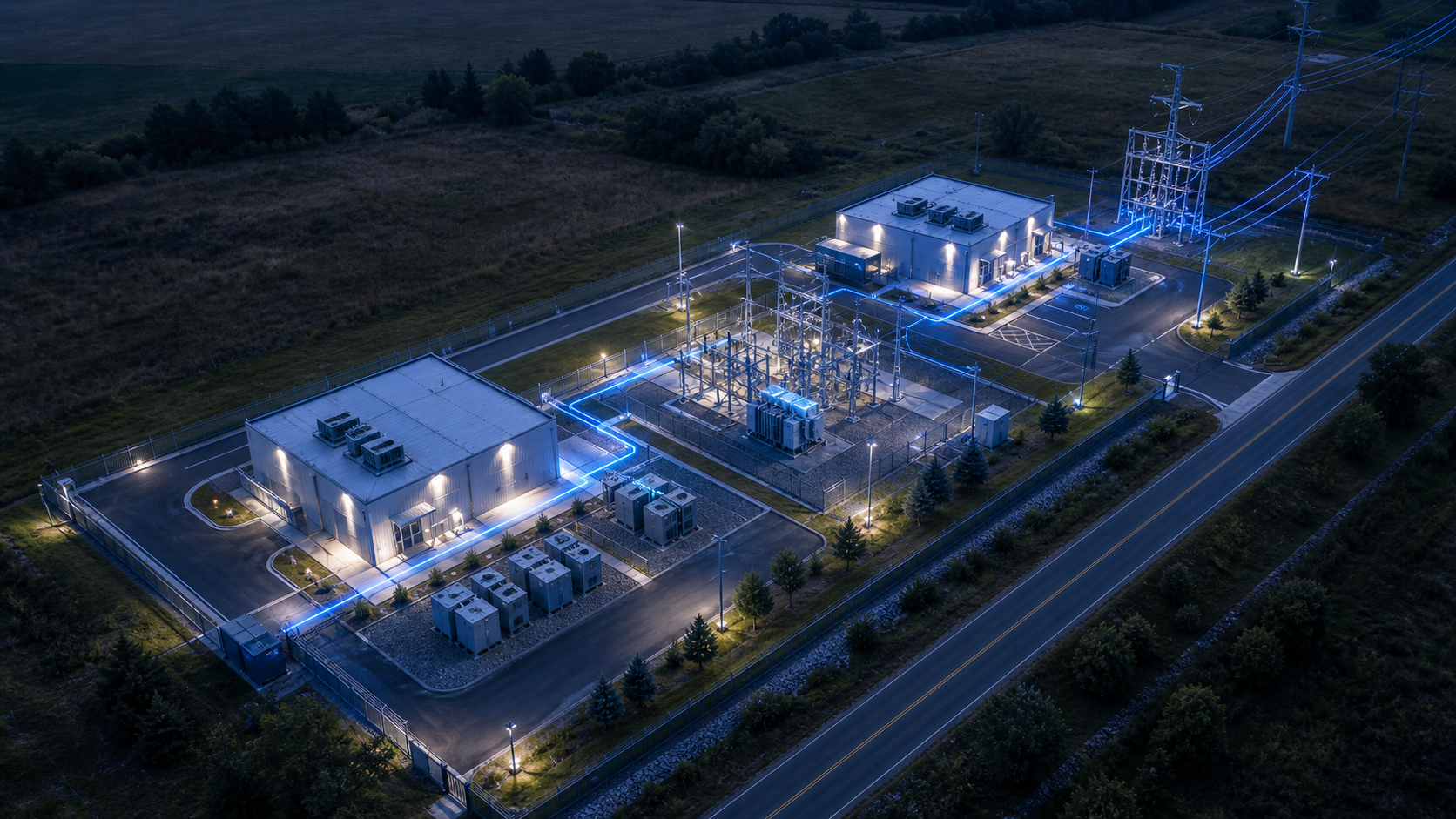 Aerial view of a compact power-ready AI micro campus